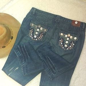 Antik Studded Distressed Buttonfly Bootcut Jeans